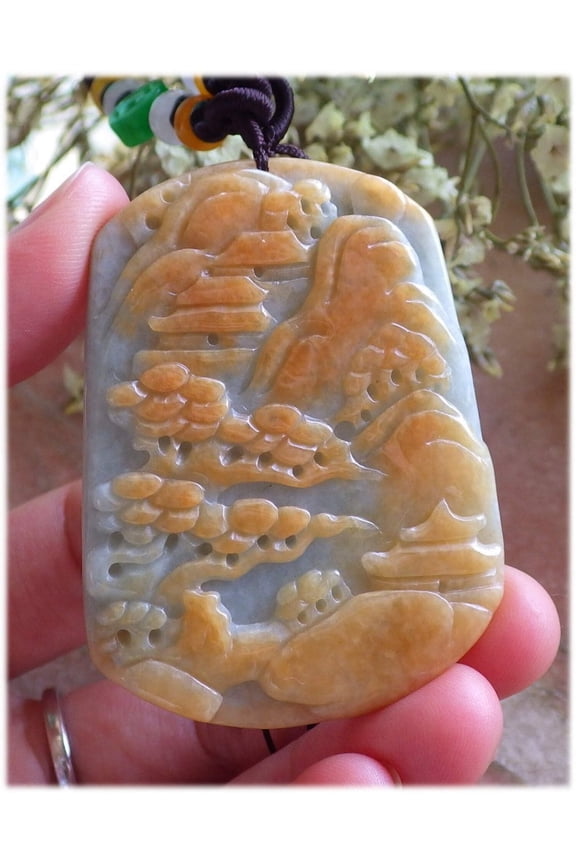 Certified Hand Carved Yellow Natural Myanmar Burma A Jade jadeite Landscape painting Tree Pendant Necklace
