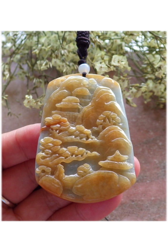Certified Hand Carved Yellow Natural Myanmar Burma A Jade jadeite Landscape painting Tree Pendant Necklace