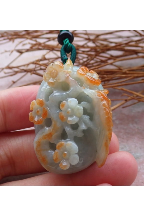 Certified Hand Carved Yellow Natural Myanmar Burma Grade A Jade jadeite Phoenix Bird Flower Pendant Necklace