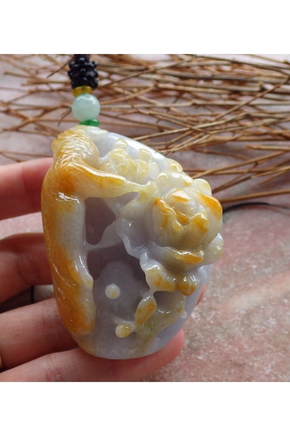 Certified Hand Carved Yellow Natural Myanmar Burma Grade A Jade jadeite Phoenix Bird Flower Pendant Necklace