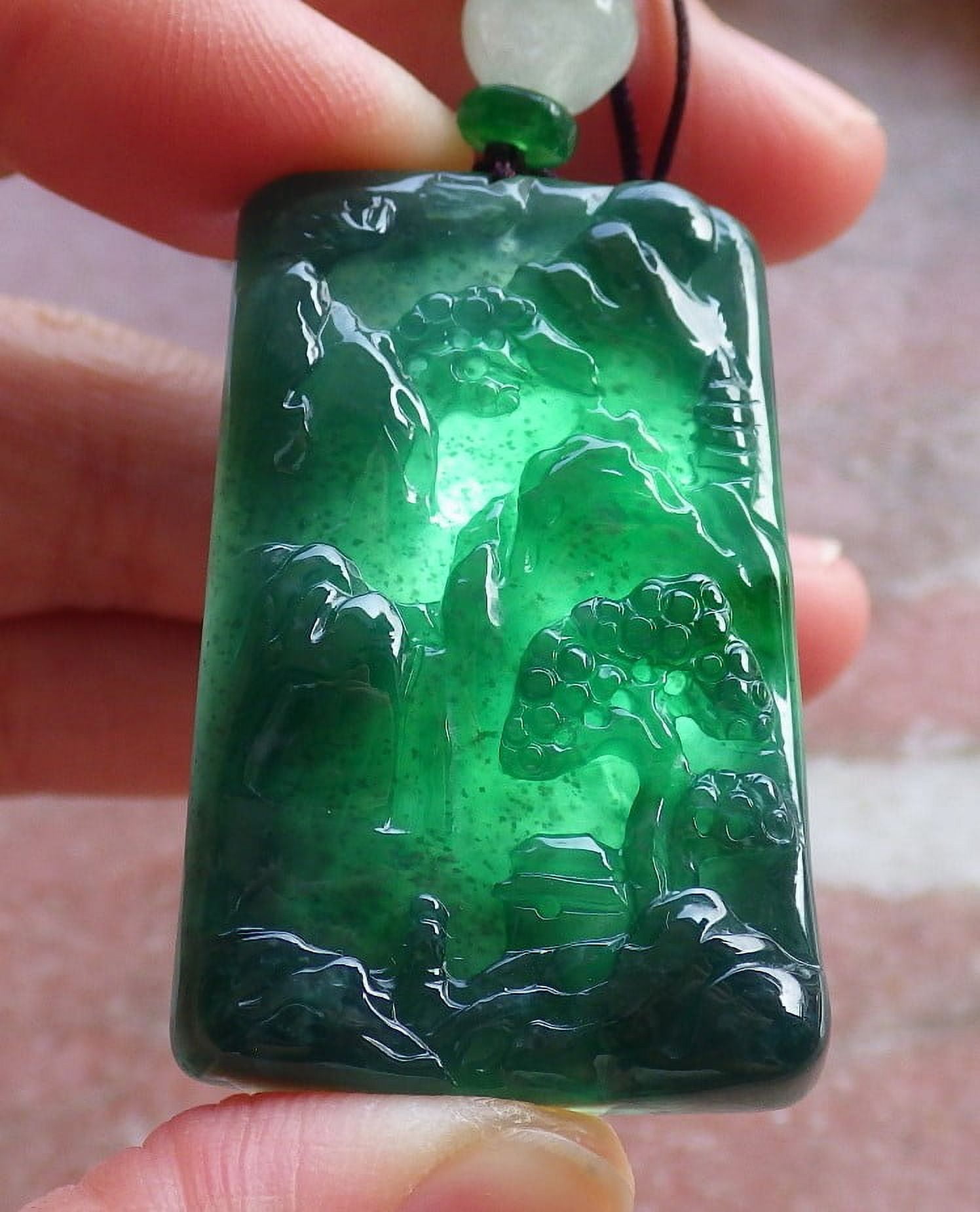 GOJADE Certified Icy Blue Water Green Burma 100% Natural A Jade jadeite Landscape painting Tree Necklace 593410 TN