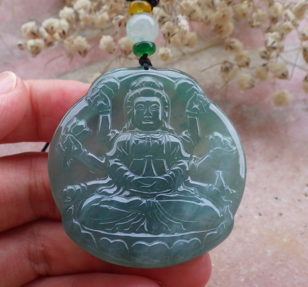 GOJADE Certified Icy Blue Water Green Burma 100% Natural A Jade jadeite pendant 1000 Hand Guanyin Kwan Yin Lotus Flower Necklace 597297 TN
