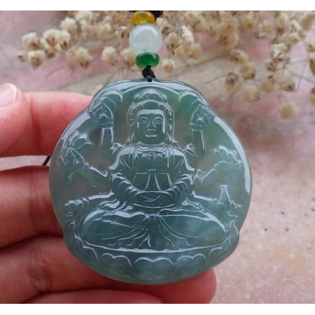 Certified Icy Blue Water Green Burma 100% Natural A Jade jadeite pendant 1000 Hand Guanyin Kwan Yin Lotus Flower Necklace 597297 TN