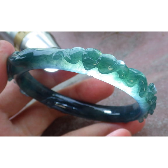 Certified Icy Green Burma 100% Natural A JADE Jadeite Bat Flower Bangle Bracelet 57 mm 665534 TN