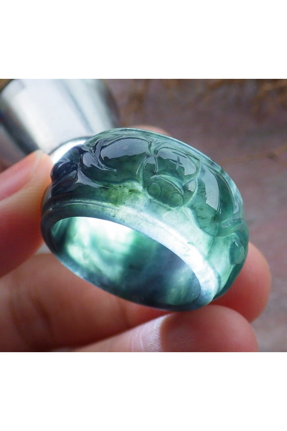 Certified Icy Green Burma 100% Natural A JADE Jadeite Bat Ruyi RING USA. 8.25 RING 665767 TN