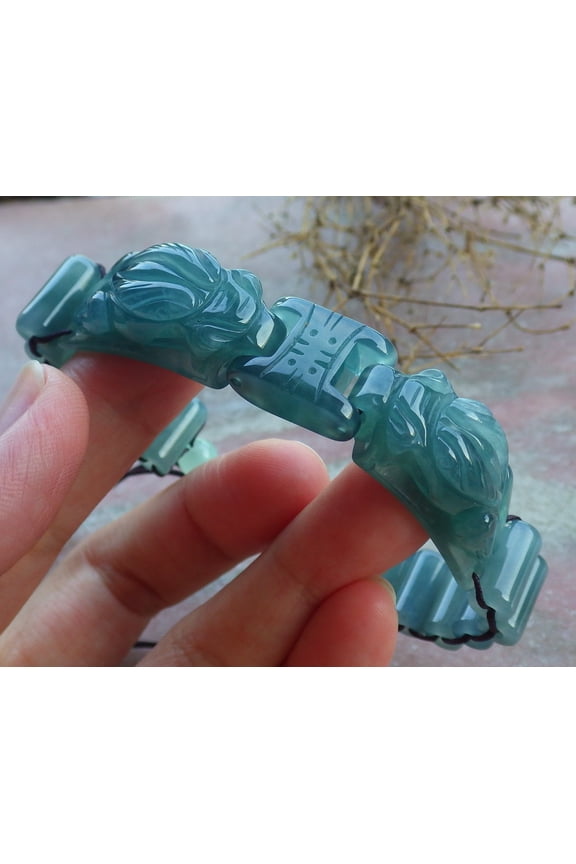 Certified Icy Green Burma 100% Natural A JADE Jadeite Bead Beads Bangle Dragon Bracelet 667546 TN