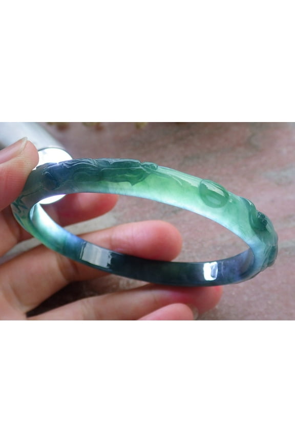 Certified Icy Green Burma 100% Natural A JADE Jadeite Dragon Phoenix Bangle Bracelet 59 mm 675212 TN