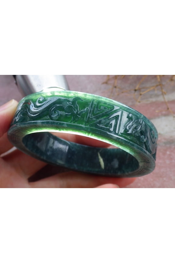 Certified Icy Green Burma 100% Natural A JADE Jadeite Dragon Phoenix Longevity Bangle Bracelet 54 mm 666692 TN