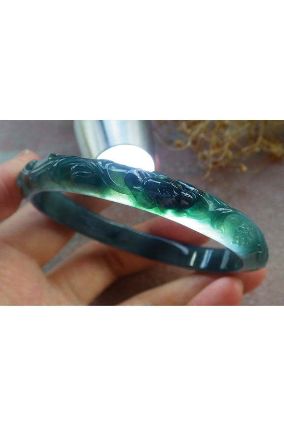 Certified Icy Green Burma 100% Natural A JADE Jadeite Flower Bangle Bracelet 61 mm 667201 TN