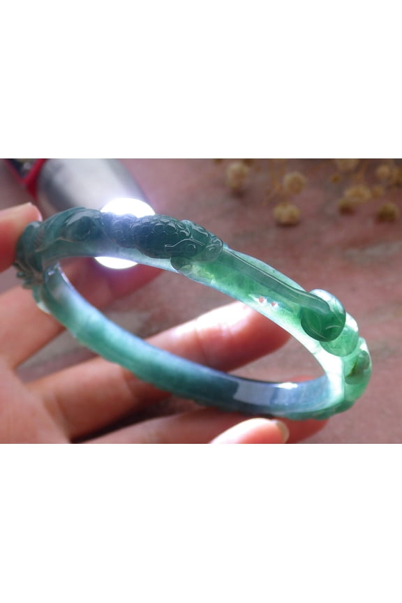 Certified Icy Green Burma 100% Natural A JADE Jadeite Frog Toad Coin Flower Ruyi Bangle Bracelet 58 mm 673538 TN