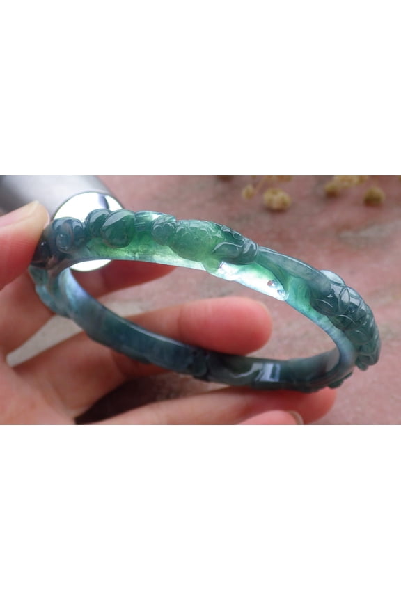 Certified Icy Green Burma 100% Natural A JADE Jadeite Frog Toad Coin Ruyi Flower Bangle Bracelet 58 mm 673383 TN
