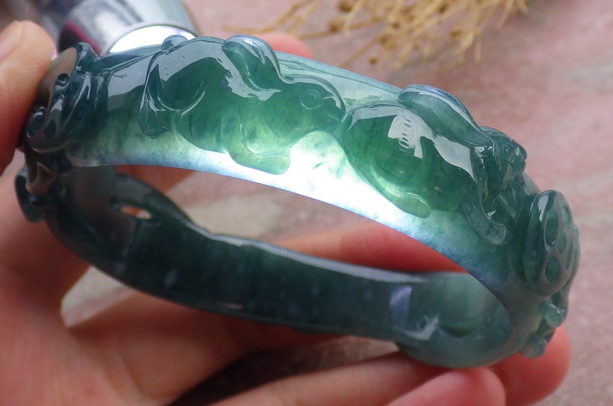 GOJADE Certified Icy Green Burma 100% Natural A JADE Jadeite Rabbit Coin Ruyi Bangle Bracelet 59 mm 671616 TN