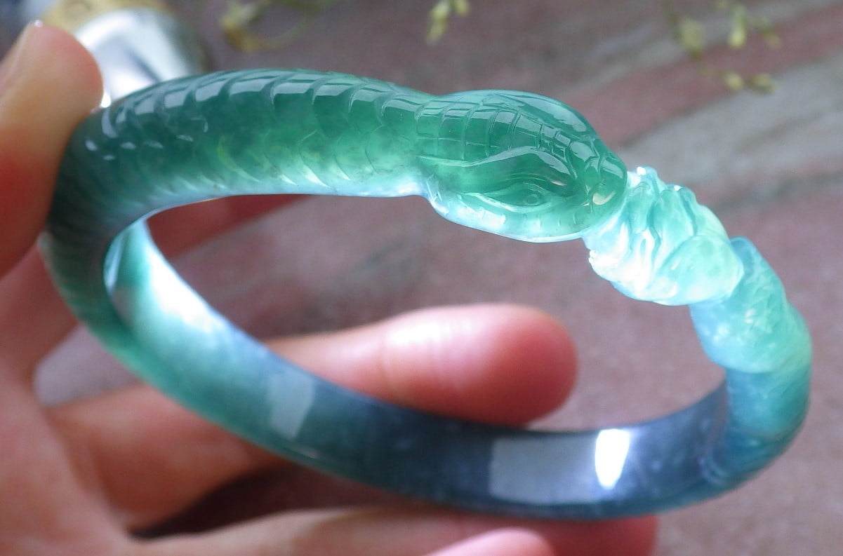 GOJADE Certified Icy Green Burma 100% Natural A JADE Jadeite Snake Flower Bangle Bracelet 60 mm 648557 TN