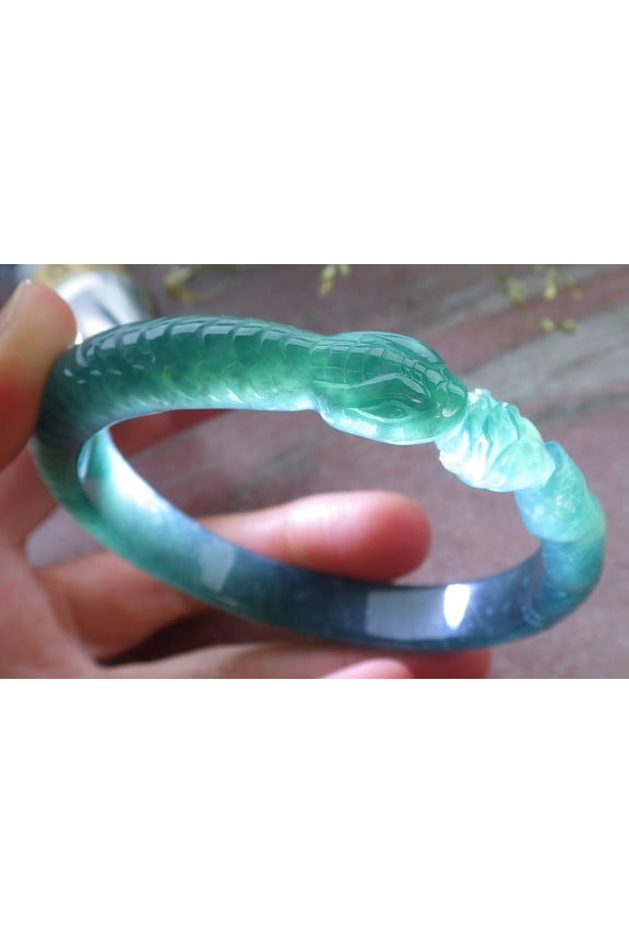 Certified Icy Green Burma 100% Natural A JADE Jadeite Snake Flower Bangle Bracelet 60 mm 648557 TN