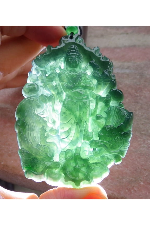Certified Icy Green Burma 100% Natural A Jade jadeite Pendant 1000 Hand Guanyin Kwan Yin Dragon Necklace 674674 TN