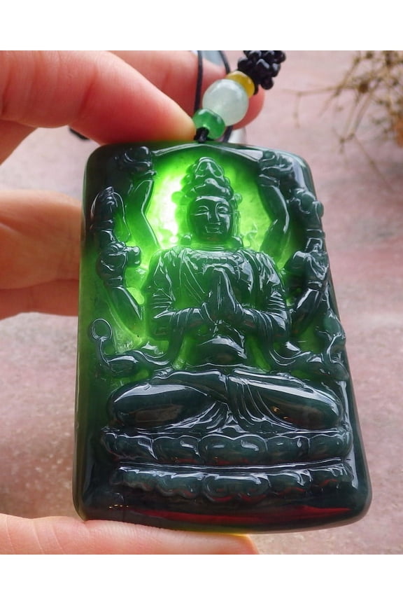 Certified Icy Green Burma 100% Natural A Jade jadeite Pendant 1000 Hand Guanyin Kwan Yin Lotus Flower Necklace 664624 TN