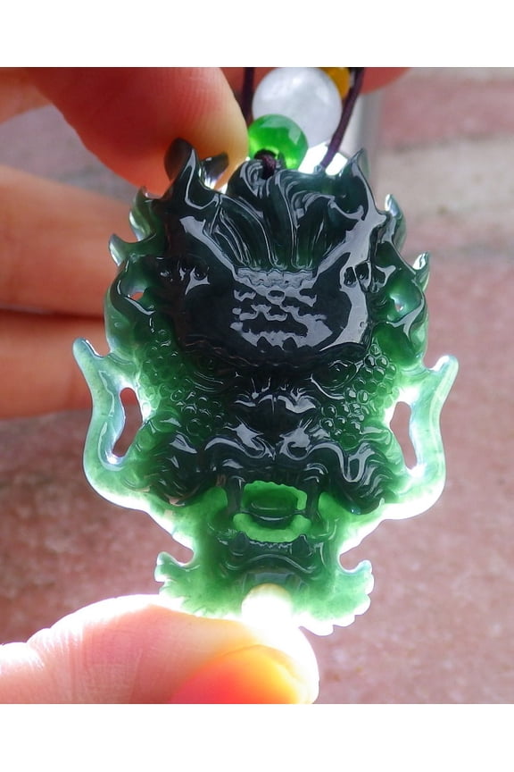 Certified Icy Green Burma 100% Natural A Jade jadeite Pendant Dragon Head Necklace 669089 TN