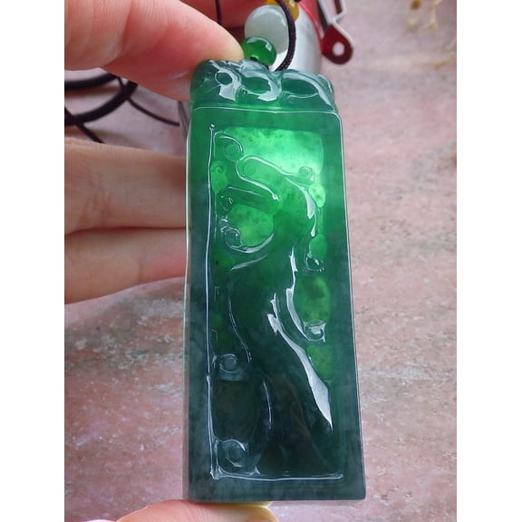 Certified Icy Green Burma 100% Natural A Jade jadeite Pendant Dragon Pi Xiu Bat Ruyui Chop Seal Necklace 670256 TN