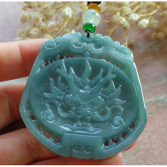 Certified Icy Green Burma 100% Natural A Jade jadeite Pendant Dragon Ruyi Necklace 592891 TN