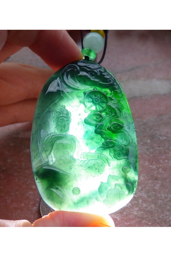 Certified Icy Green Burma 100% Natural A Jade jadeite Pendant Guanyin Kwan Yin Elephant Lotus Flower Necklace 660419 TN