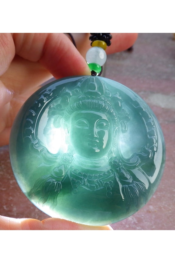 Certified Icy Green Burma 100% Natural A Jade jadeite Pendant Guanyin Kwan Yin Flower Necklace 658892 TN