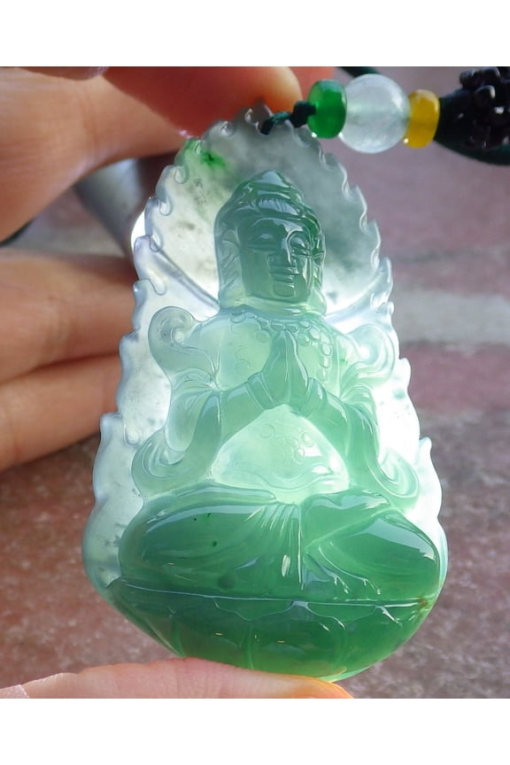 Certified Icy Green Burma 100% Natural A Jade jadeite Pendant Guanyin Kwan Yin Lotus Flower Necklace 660031 TN