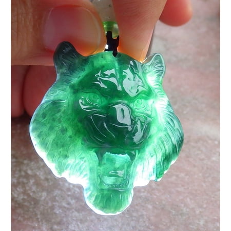 Certified Icy Green Burma 100% Natural A Jade jadeite Pendant Tiger Head Necklace 664196 TN
