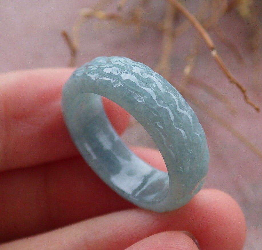 GOJADE Certified Icy Green Burma Natural A JADE Jadeite Dragon Scales RING USA. 8.25 RING 656720 TN