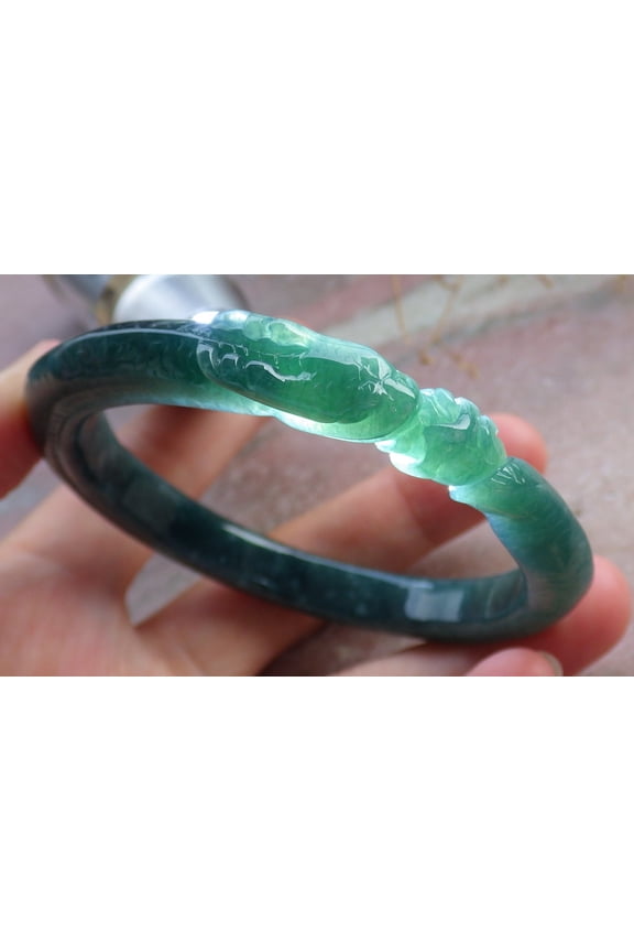Certified Icy Green Burma Natural A JADE Jadeite Snake Flower Bangle Bracelet 57 mm 655990 TN