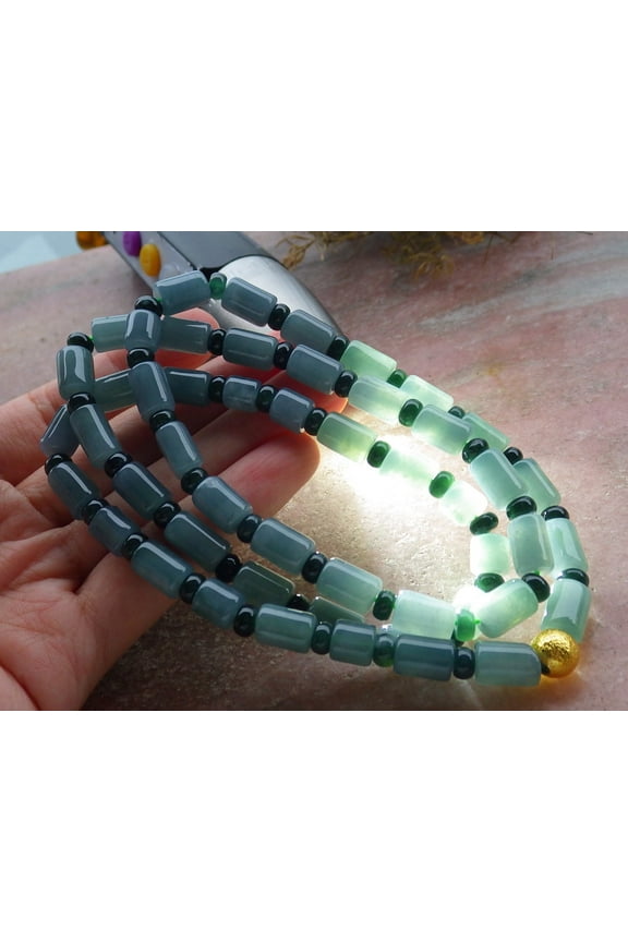 Certified Icy Green Pale Lavender Burma 100% Natural A JADE Jadeite bead Beads Circle Bamboo Necklace 26 inches 663381 TN