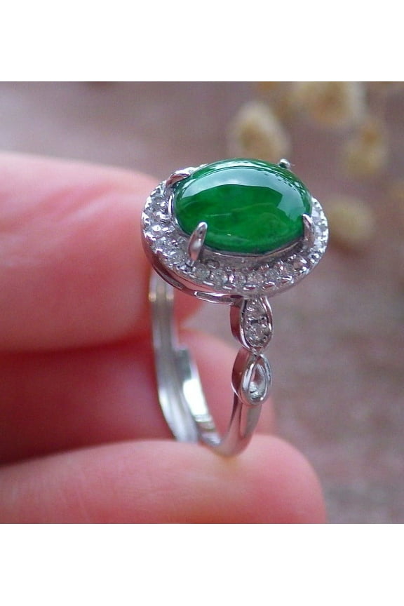 Certified Icy Green silver 0.925 Burma 100% Natural A JADE Jadeite Cabochon RING USA 6.75 RING 674142 TN