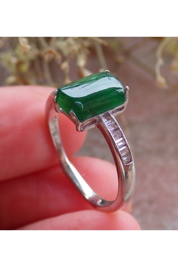 Certified Icy Green silver 0.925 Burma 100% Natural A JADE Jadeite Rectangle RING USA 6.75 RING 647210 TN