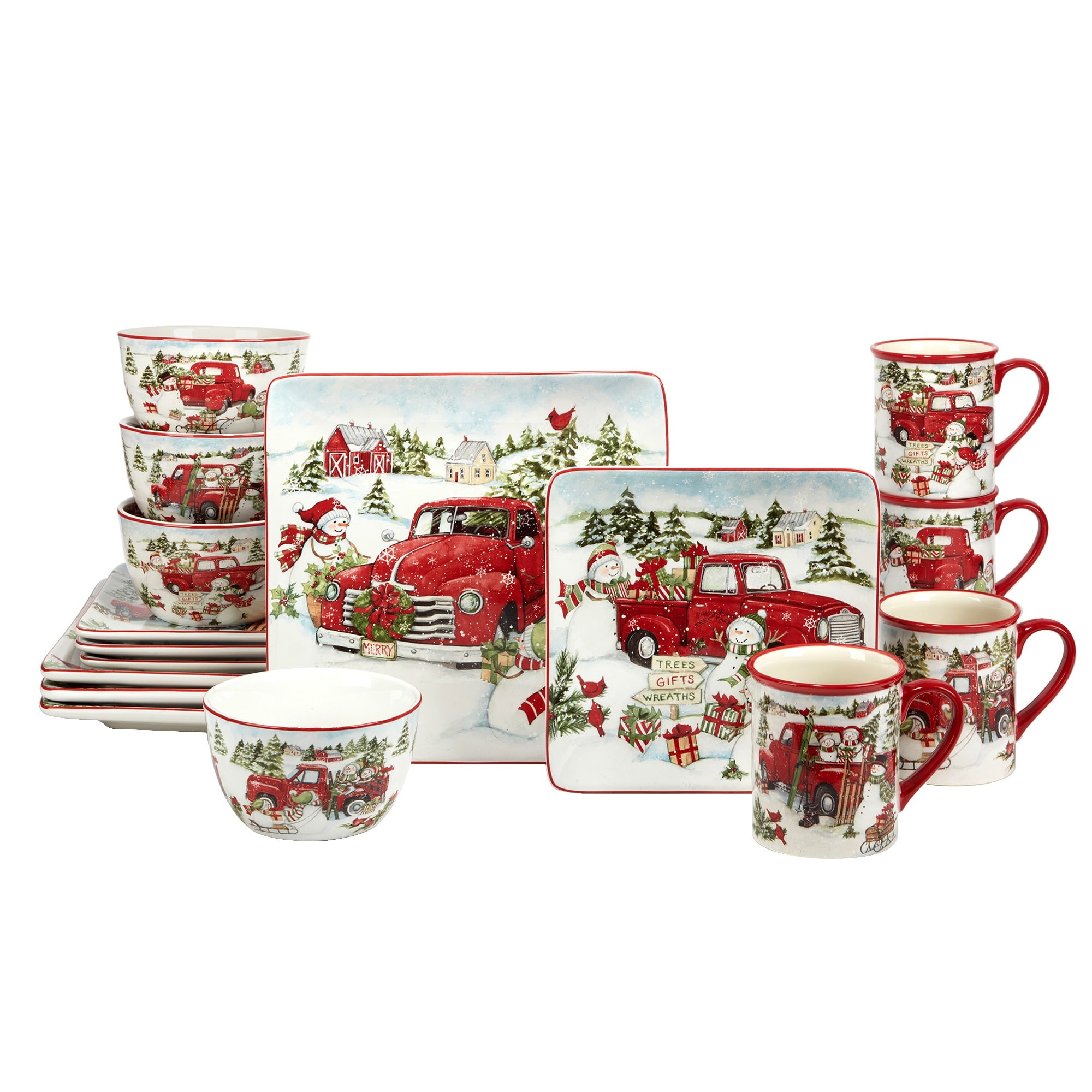 Certified International 16 Piece Truck with Snowman Christmas Dinnerware Set