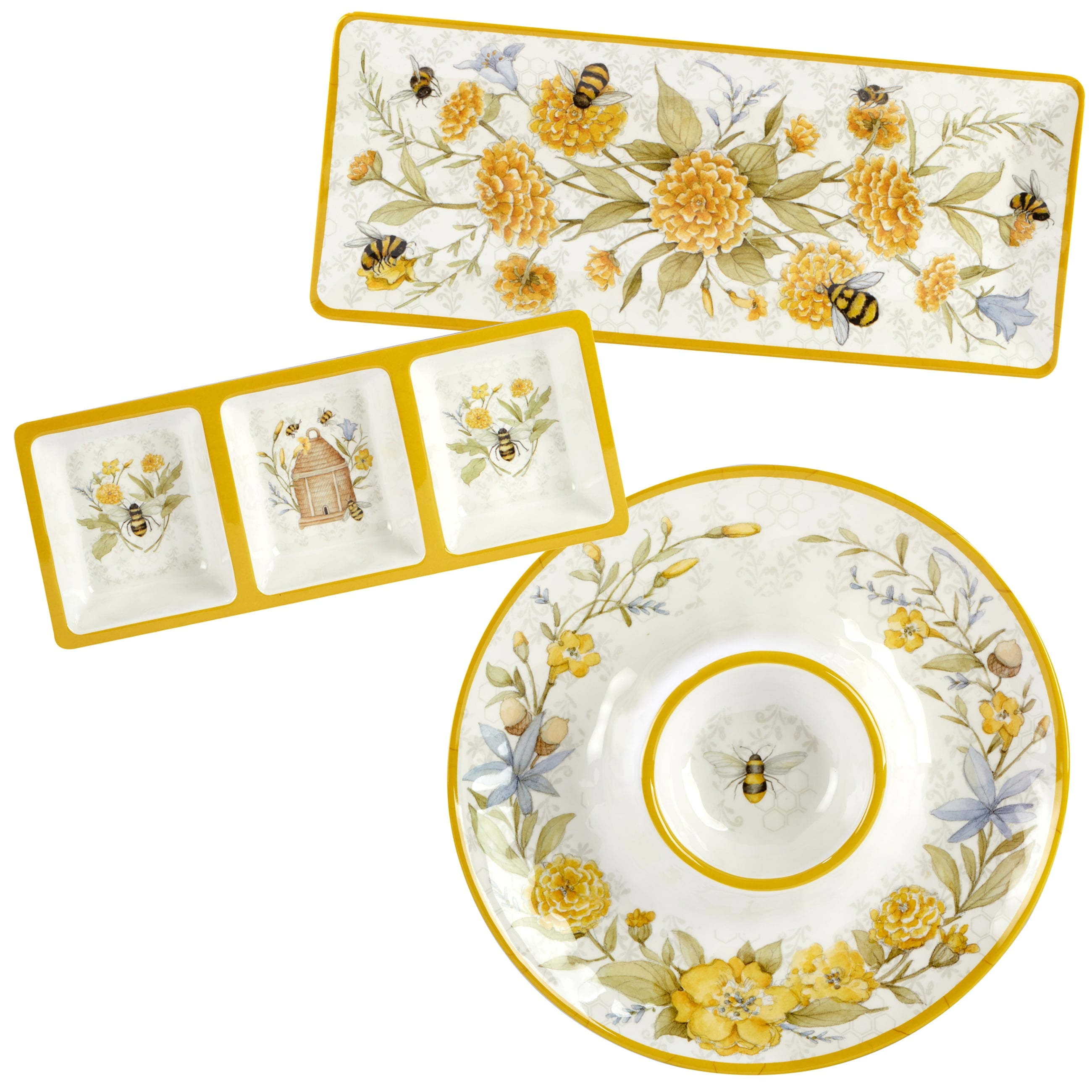 Hydrangea Garden Melamine Serving Set - 3-Piece Hostess Tray Set For Indoor/Outdoor Entertaining