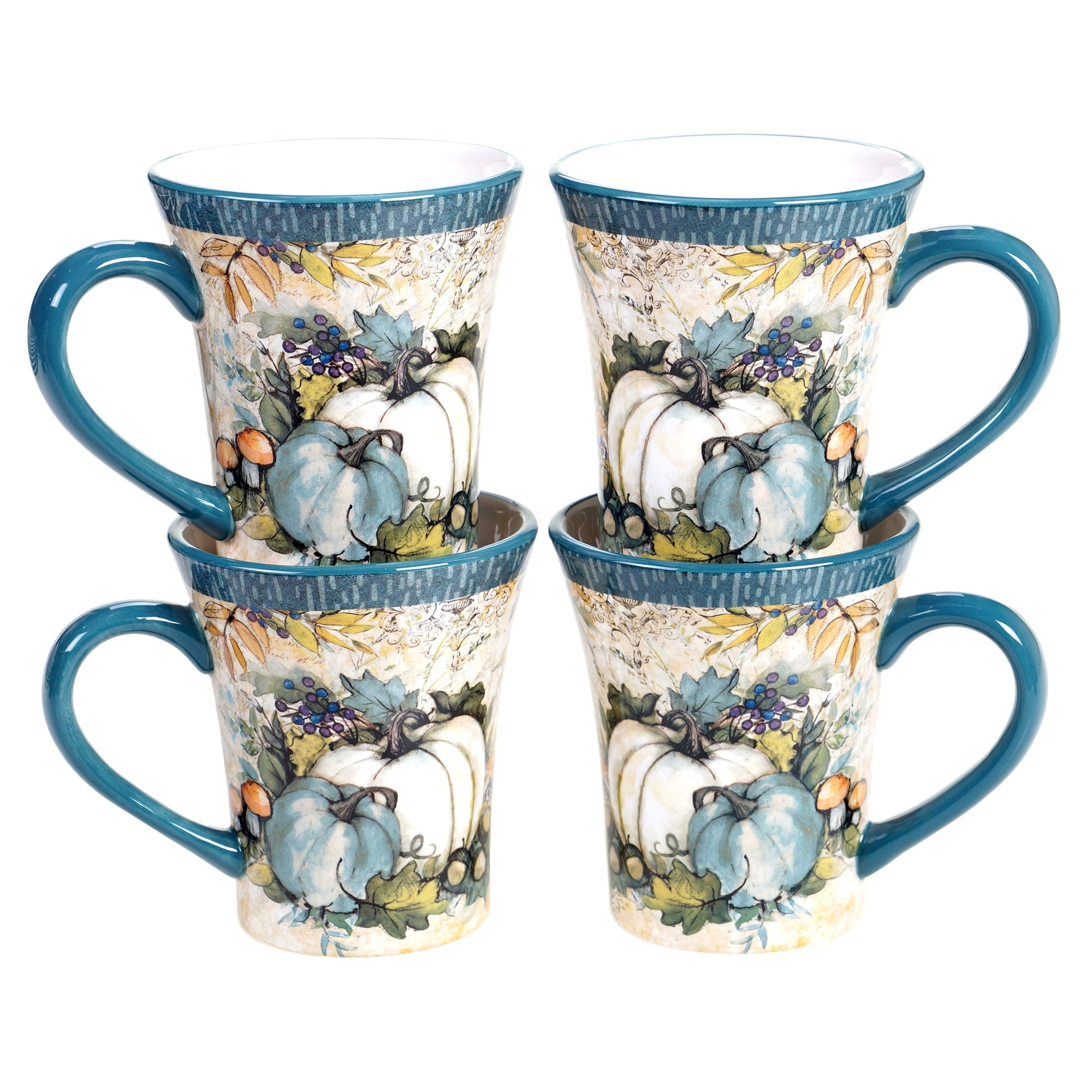 Harvest Gatherings White and Teal Ceramic Fall Mugs Set