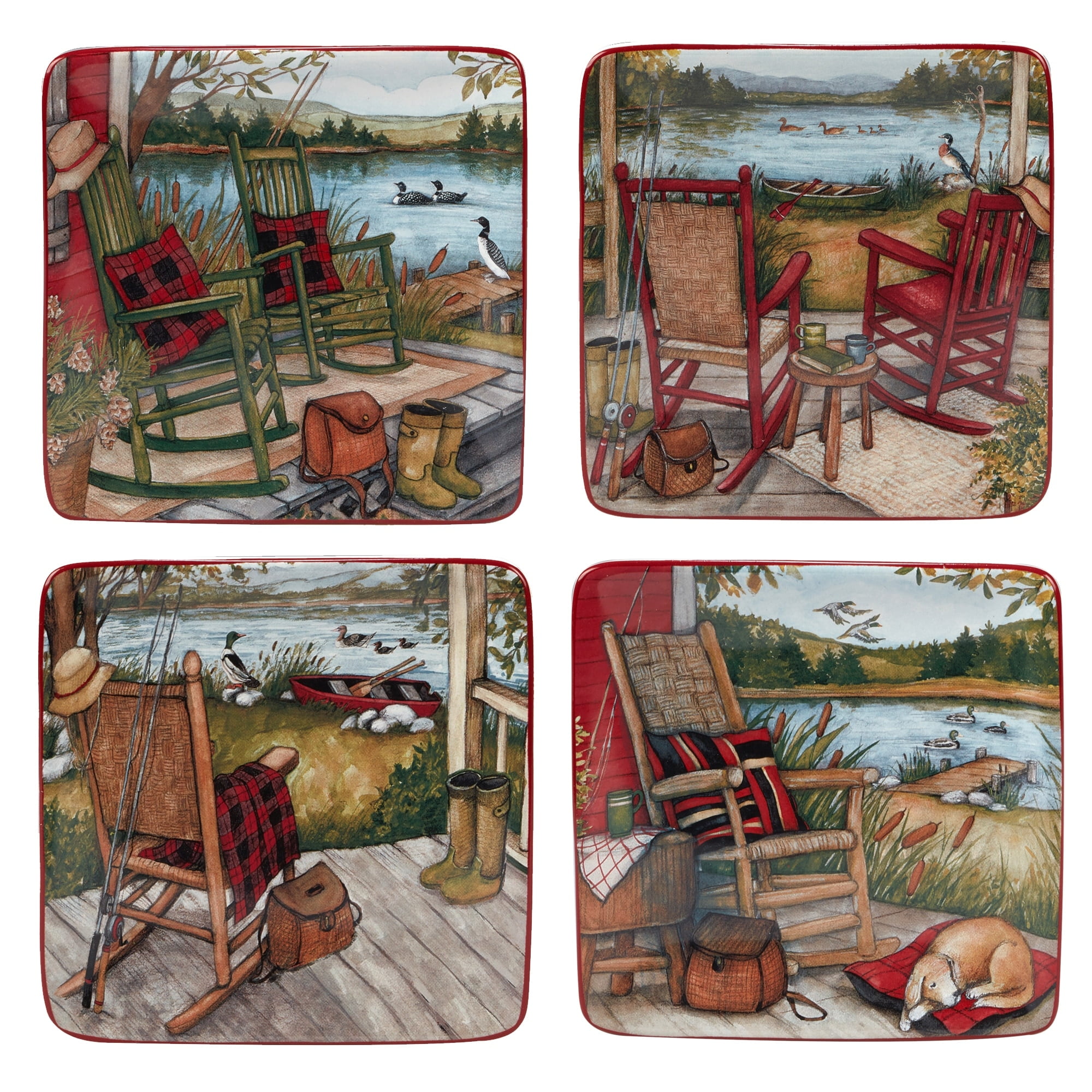 Rustic Lake Retreat Ceramic Square Appetizer Plates, Set of 4