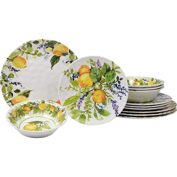 Certified International Lemon Zest 12 pc Melamine Dinnerware Set, Service for 4, Multicolor