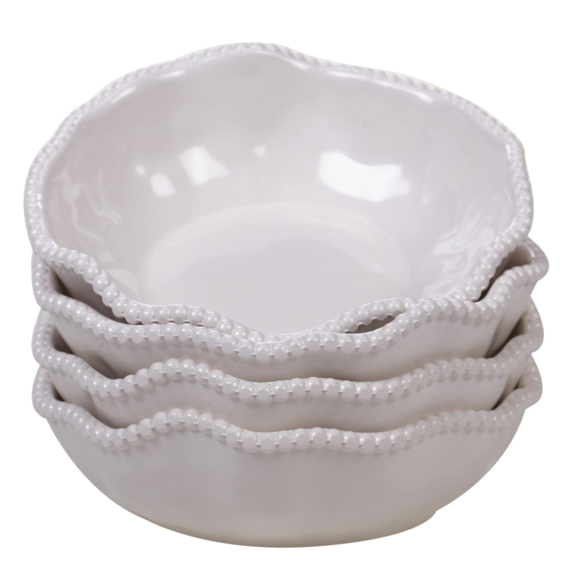 Cream Beaded Ruffled Rim Melamine Dessert Bowls, Set of 4