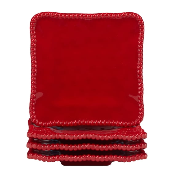 Certified International Perlette Red Melamine Square Canaoe Plates, Set of 4, 6-inch Diameter, Kitchen Accessories
