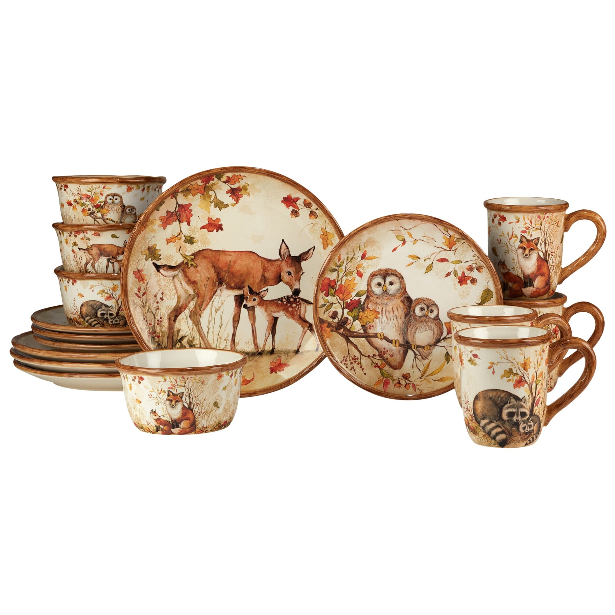 Pine Forest Ceramic Dinnerware Set with Forest Critters, Service for 4