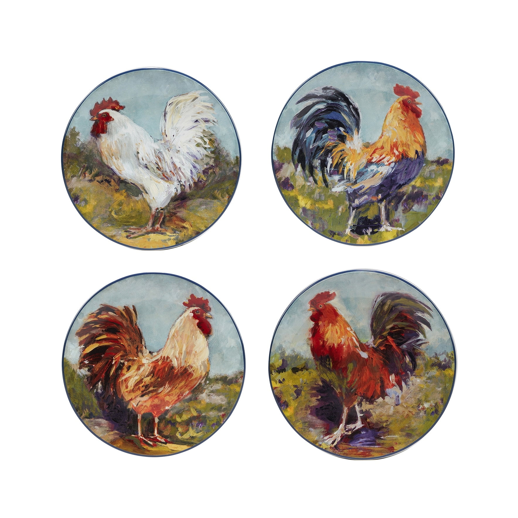 Colorful Ceramic Round Salad Plates with Rooster Design, Set of Four