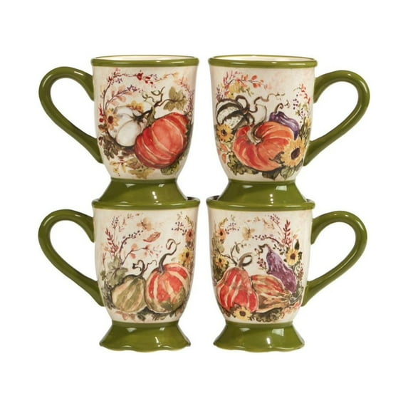 Certified International Set of 4 Pumpkin, Gourd, and Flower Fall Harvest Footed Mugs 5.75"