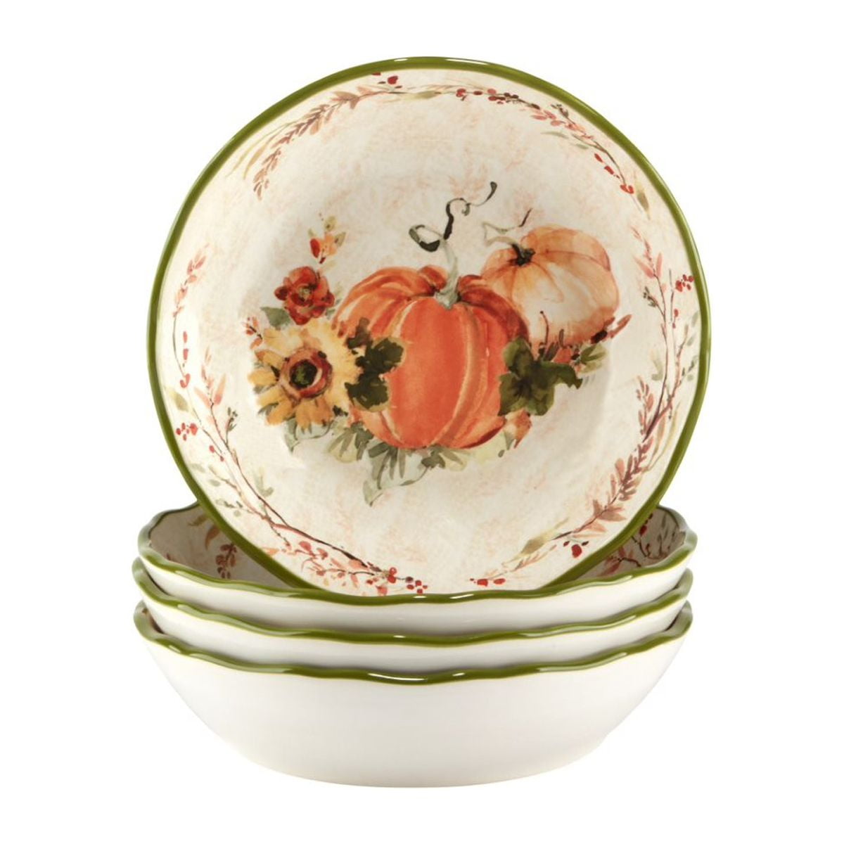 Certified International Set of 4 Pumpkin and Flowers Fall Harvest Soup Bowls 8"
