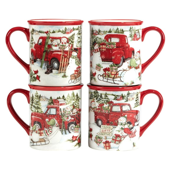 Certified International  Red Truck Snowman 16 oz. Mugs, Set of 4