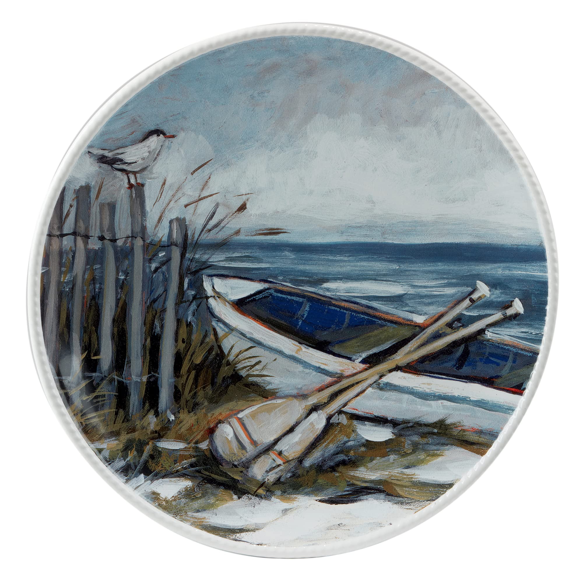 Shorebirds Coastal Ceramic Round Platter with Embossed Rope Rim