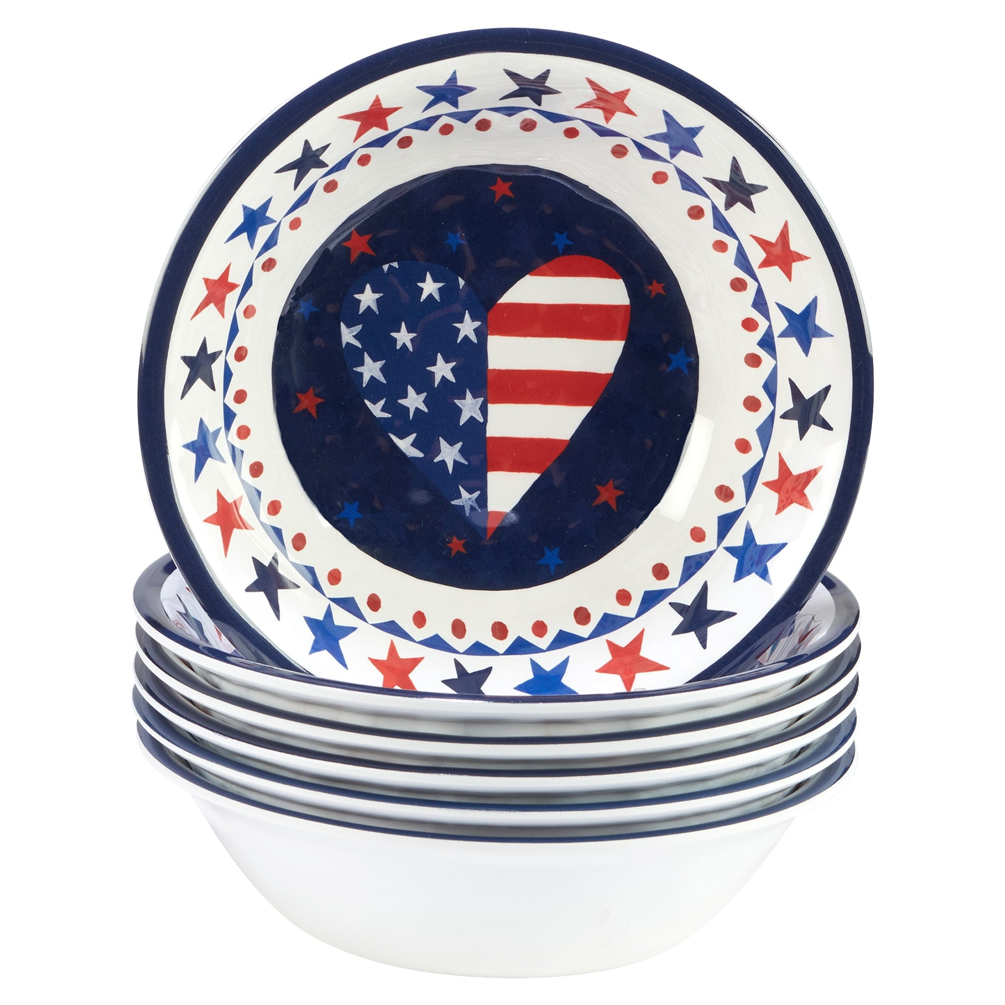 Stars and Stripes 7.5" Red and Blue Melamine All-Purpose Bowls, Set of 6