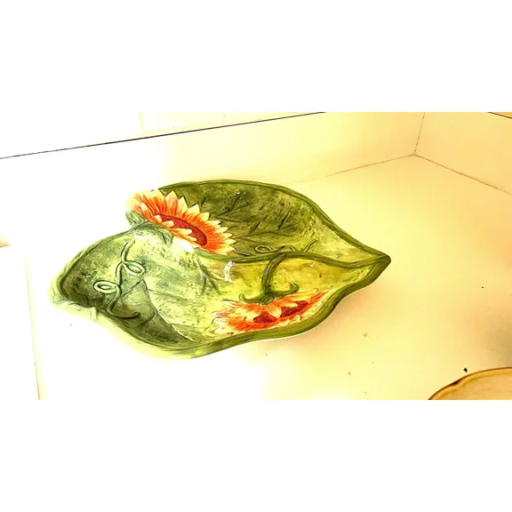 Certified International Susan Winget 11 Green Orange Yellow Sunflower Heart Shape Leaf Two Section Serving Dish Vintage