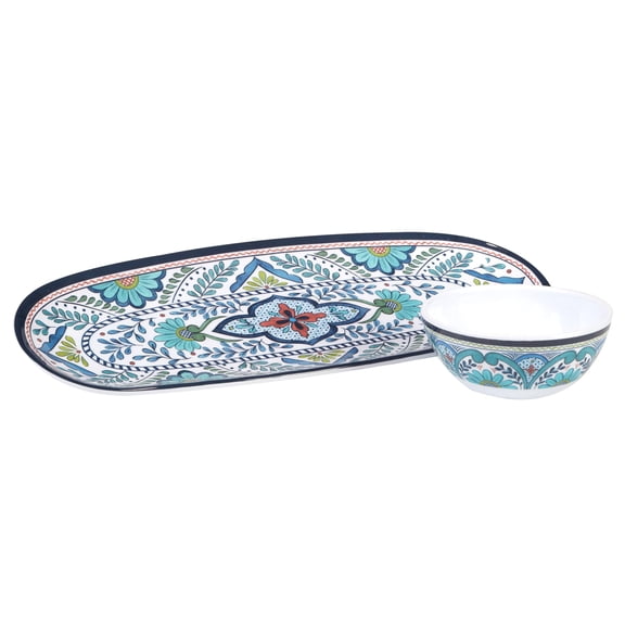 Certified International Talavera Oval Tray with Dip Bowl Set, 15-inch Length, For Everyday Use, Kitchen Accessories, Party Celebration