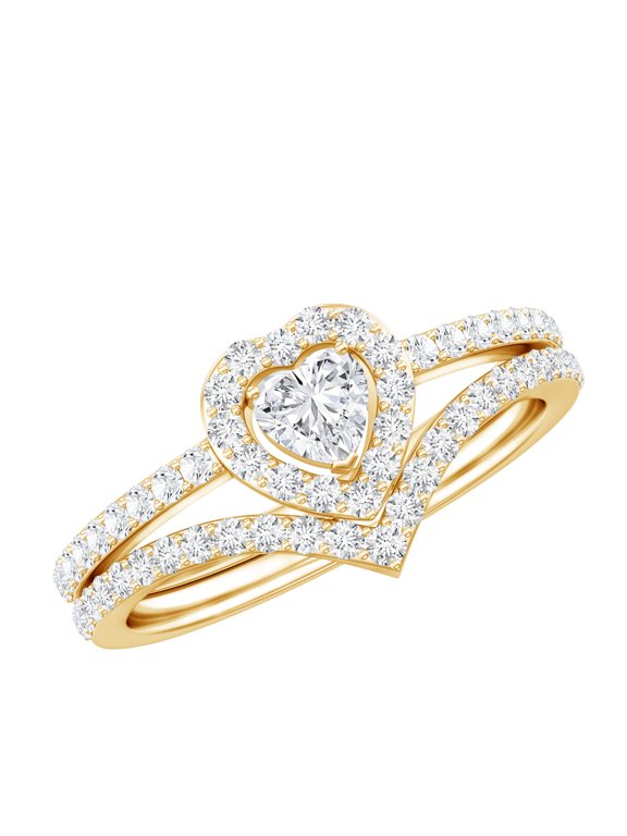 Certified Lab Diamond Heart Engagement Ring Set with Enhancer - EF-VS Quality, 14K Yellow Gold, US 7.00