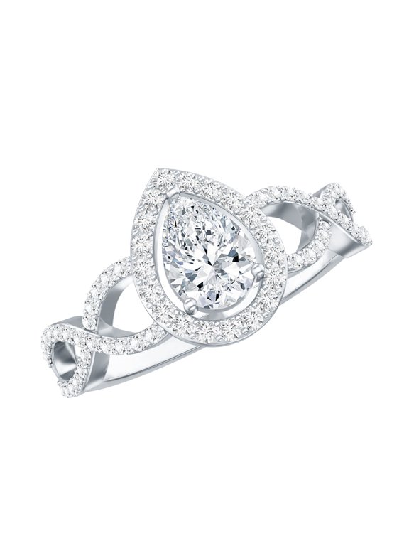 Certified Lab Grown Diamond Teardrop Engagement Ring with Halo - EF-VS Quality, 925 Sterling Silver, US 4.00